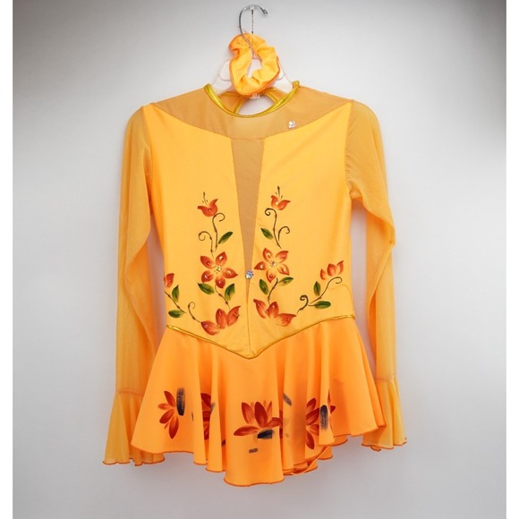 Hand Painted Orange Floral Figure Skating Dress Size 14 Long Sleeve Costume